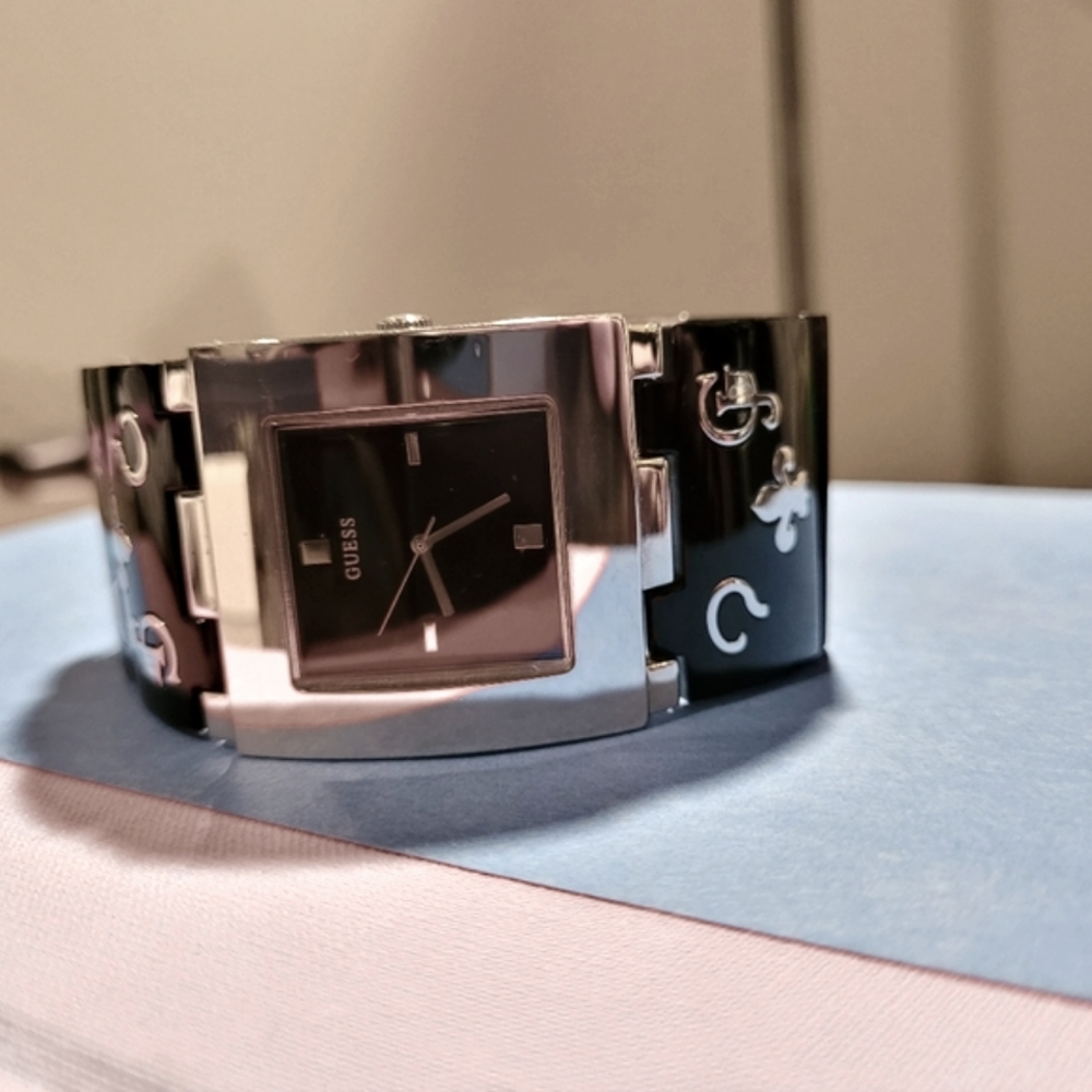 Square Face Guess Watch Black and Silver Fleur de lis Pattern